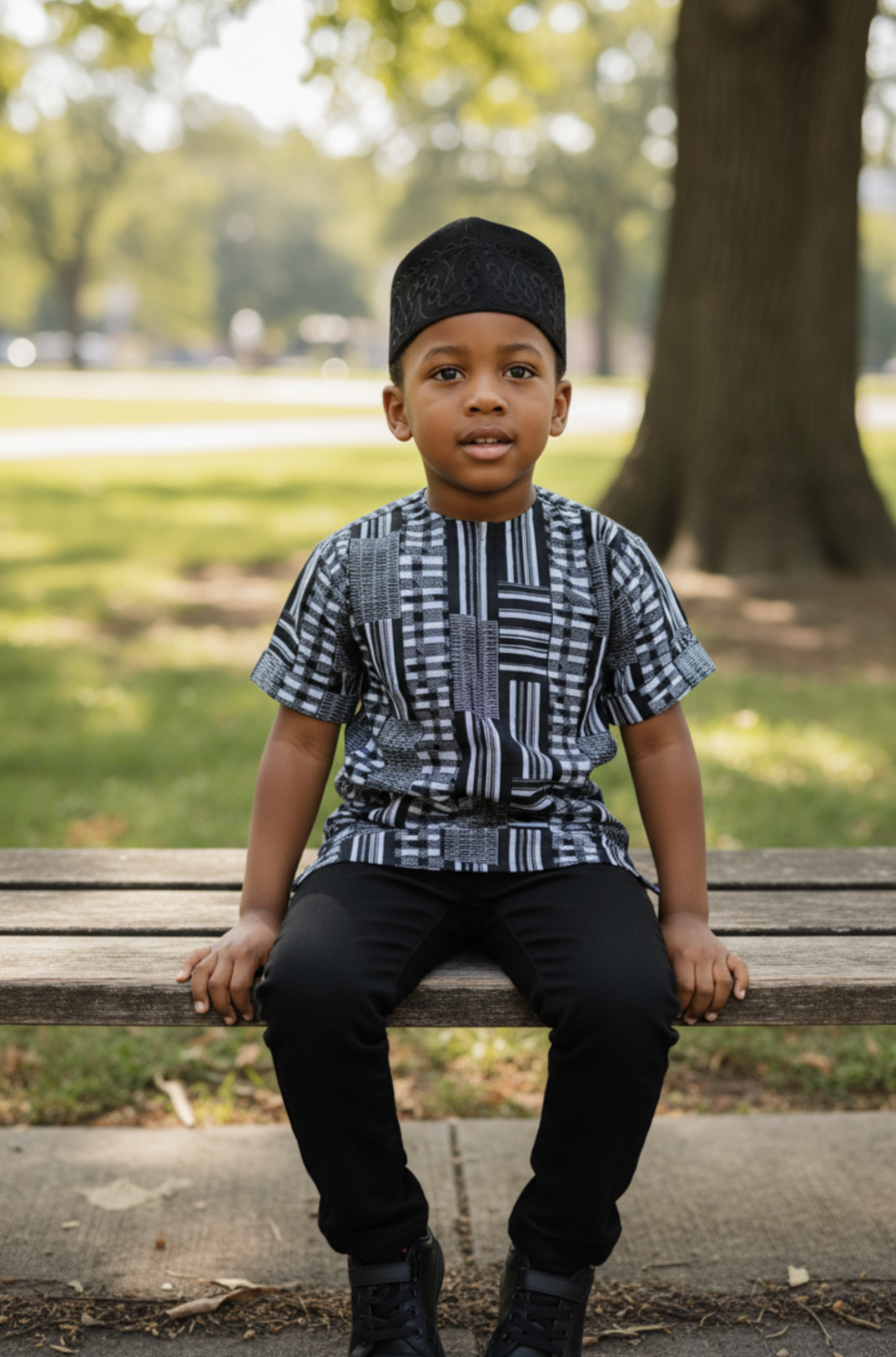 Child sitting on a bench in a park wearing a black and white Kente patterned dashiki shirt and black cap by Dupsie's African fashion