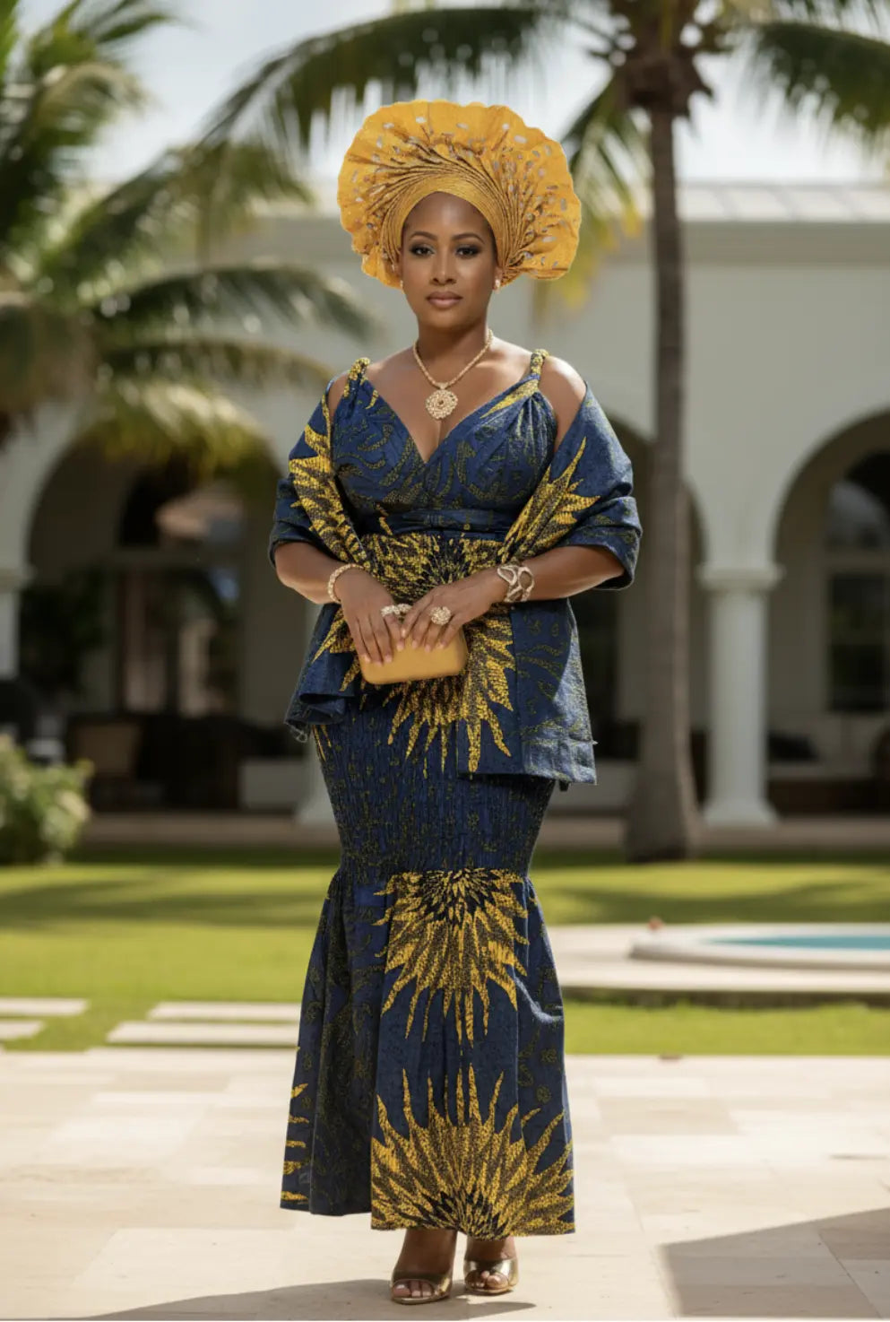 Dupsie's Abimbola Blue and Gold sunburst African print Ankara dress Medium(12)