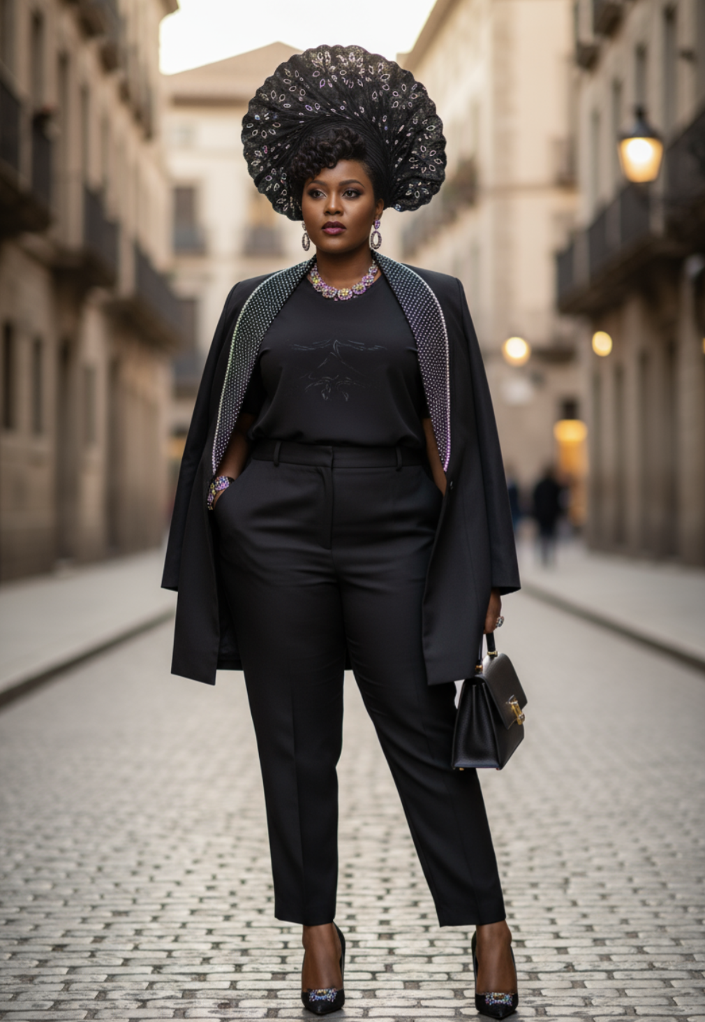 Elegant front-button black suit jacket with rhinestone lapel from Dupsie's African Fashion, paired with tailored suit pants and camisole