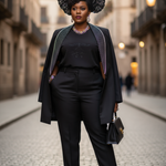 Elegant front-button black suit jacket with rhinestone lapel from Dupsie's African Fashion, paired with tailored suit pants and camisole