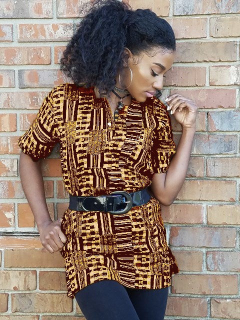 Dupsie's Aisha Black and Gold African Print Kente Short-Sleeve Dashiki Shirt DP4091LD