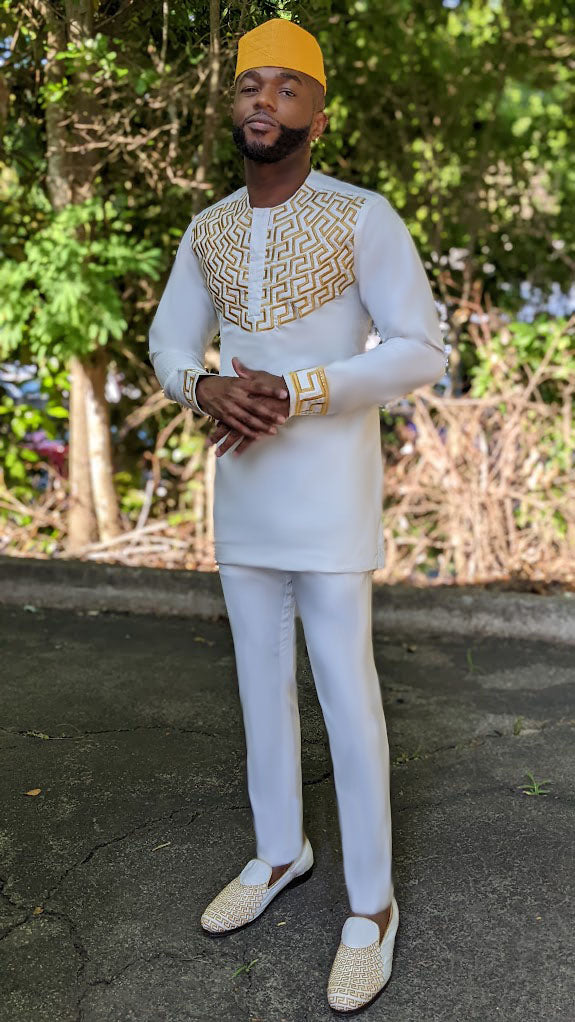 Siddiq African Senator Ivory-White Kaftan Suit with Gold Meander Embroidery-DPXVSS5