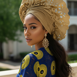 Gold Lazercut Aso Oke Autogele Ready Gele Crown Hat “Mayowa” by Dupsie’s – African Aso Oke Pre‑Tied Head Wrap Hat for Nigerian Weddings, African Clothing for Women & African Fashion DPAGGLC59 