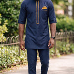 Men’s Navy Blue & Gold African Senator Kaftan Dashiki Set – Endubis | Dupsie’s African Fashion DPASBGTSS by Dupsie's African Clothing