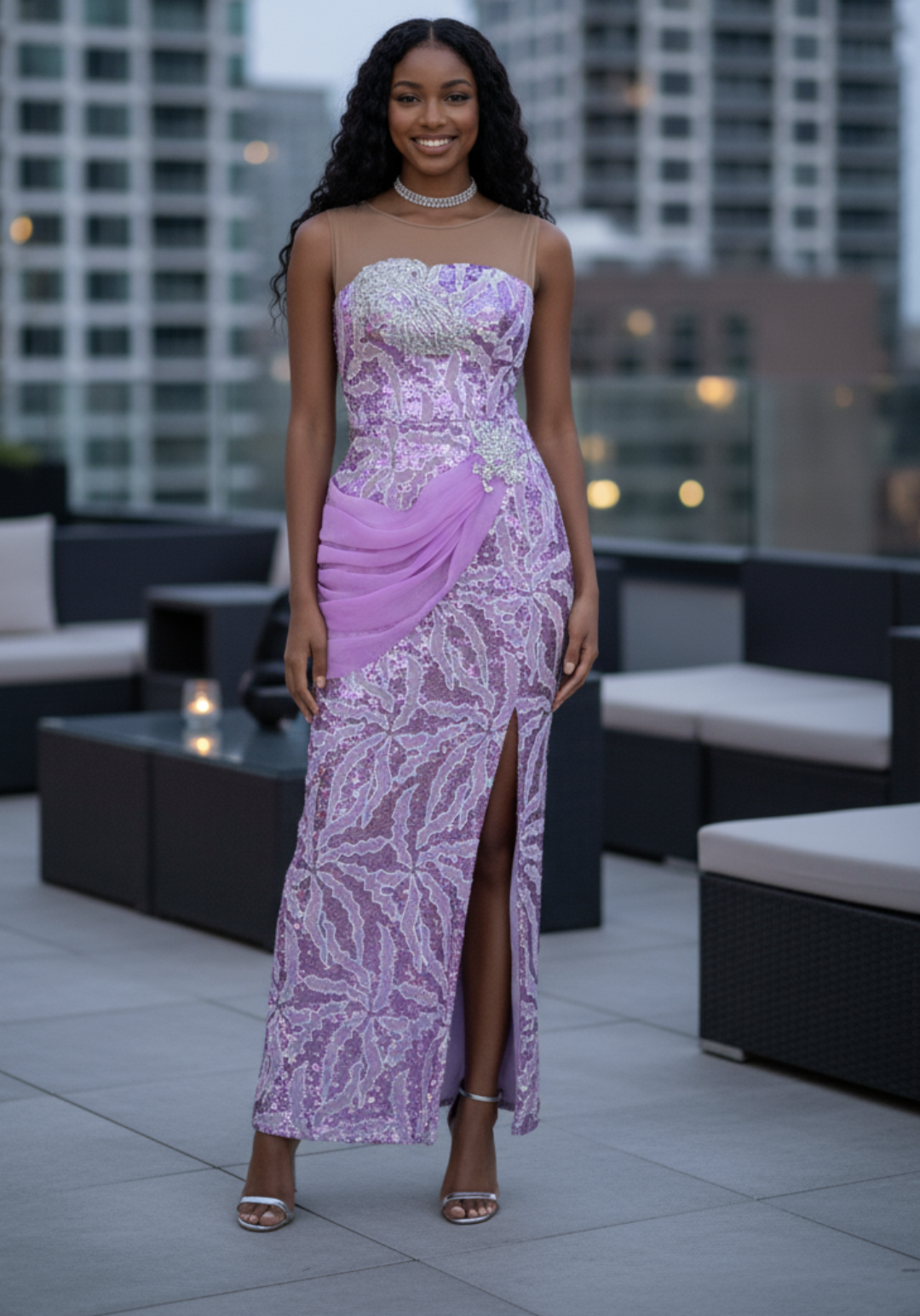 Maha Light Lilac Muave African Sleeveless Lace Sequins Maxi Bustier Dress-DPXLLD3