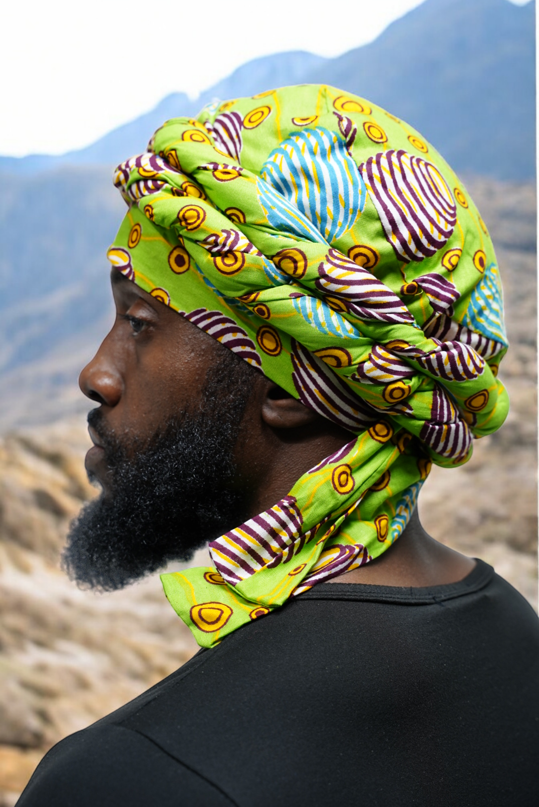 Dupsie's Green Afua pre-wrapped African print Turban DPH3843PT