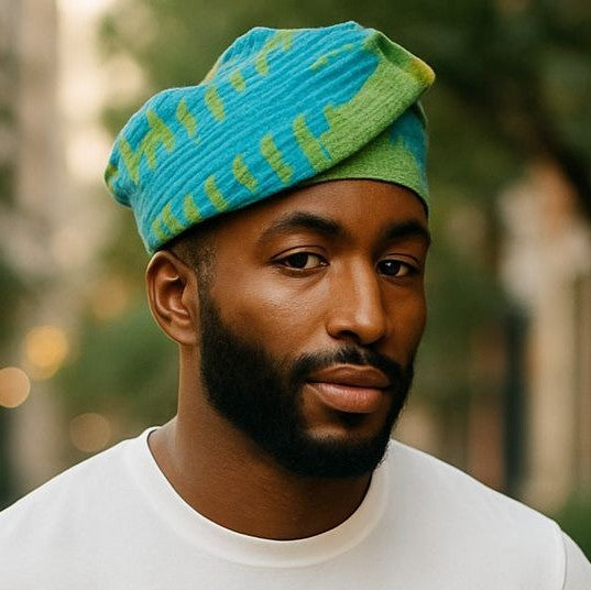 Brimless Green with Blue Aso Oke Kufi Hat – African clothing Yoruba fila by Dupsie’s African Fashion