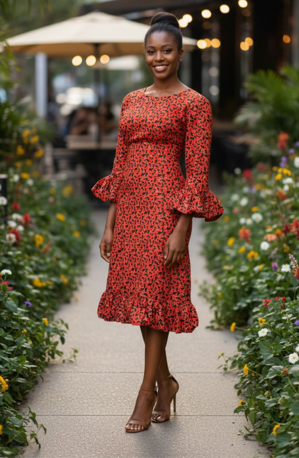 African clothing fashion burnt Orange with black leaves fitted dress by Dupsie's African Clothing