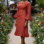 African clothing fashion burnt Orange with black leaves fitted dress by Dupsie's African Clothing