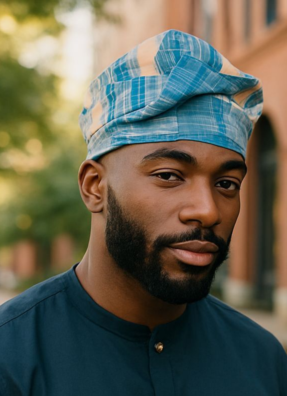 Angled close-up of Ade Témidayo Turquoise Beige African kufi cap handwoven from Aso Oke – traditional Yoruba brimless hat Nigerian fashion