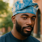 Angled close-up of Ade Témidayo Turquoise Beige African kufi cap handwoven from Aso Oke – traditional Yoruba brimless hat Nigerian fashion