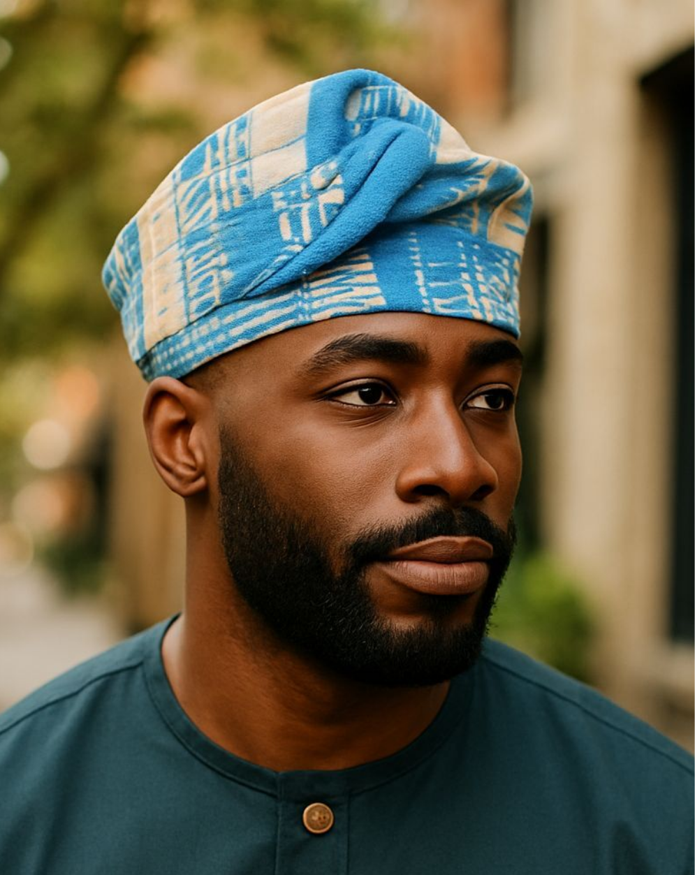  Front view of Ade Témidayo Turquoise Beige African Aso Oke Kufi Hat by Dupsie’s African Fashion – Yoruba brimless kufi cap authentic African clothing 