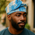  Front view of Ade Témidayo Turquoise Beige African Aso Oke Kufi Hat by Dupsie’s African Fashion – Yoruba brimless kufi cap authentic African clothing 