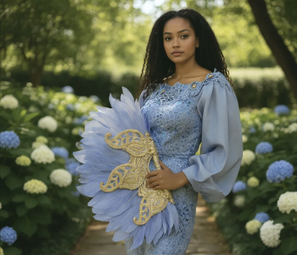 Handmade light-blue Nigerian wedding feather fan with silver petals and embellishments