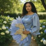Handmade light-blue Nigerian wedding feather fan with silver petals and embellishments