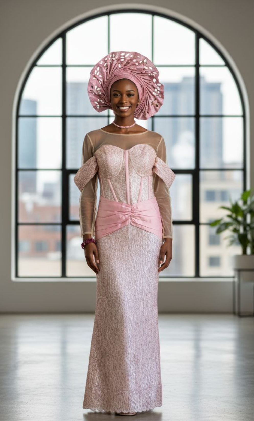 Makaila Rose Gold African Lace Sequins Maxi Bustier Corset Dress-DPXRGALD4