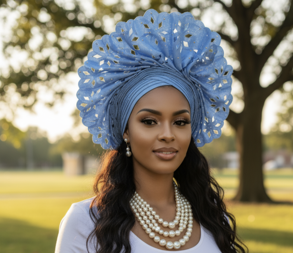 Front view of green Aso Oke autogele ready gele with pleated base and fan crown.