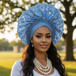 Front view of green Aso Oke autogele ready gele with pleated base and fan crown.