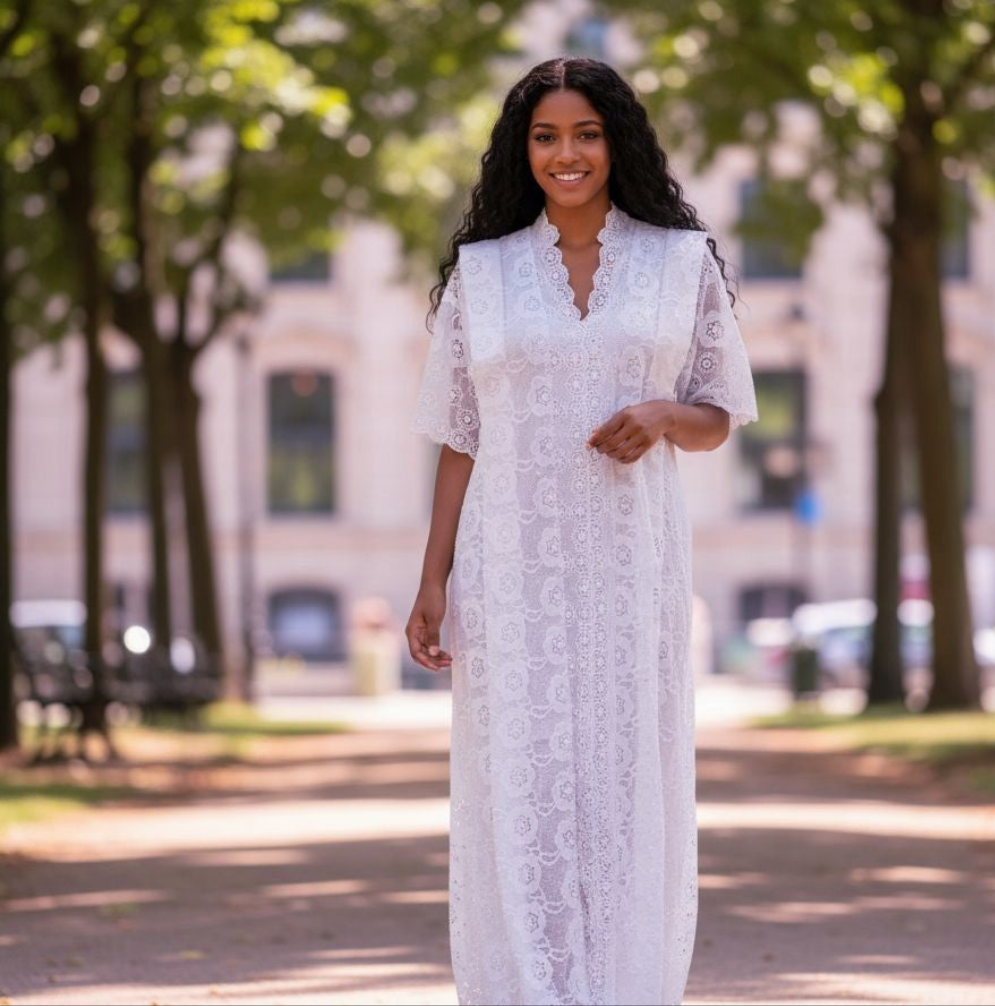 Dupsie’s African Fashion Boubou Kaftan in White Lace – African Clothing for Women, Perfect for Nigerian, Ghanaian, and Ivorian Weddings
