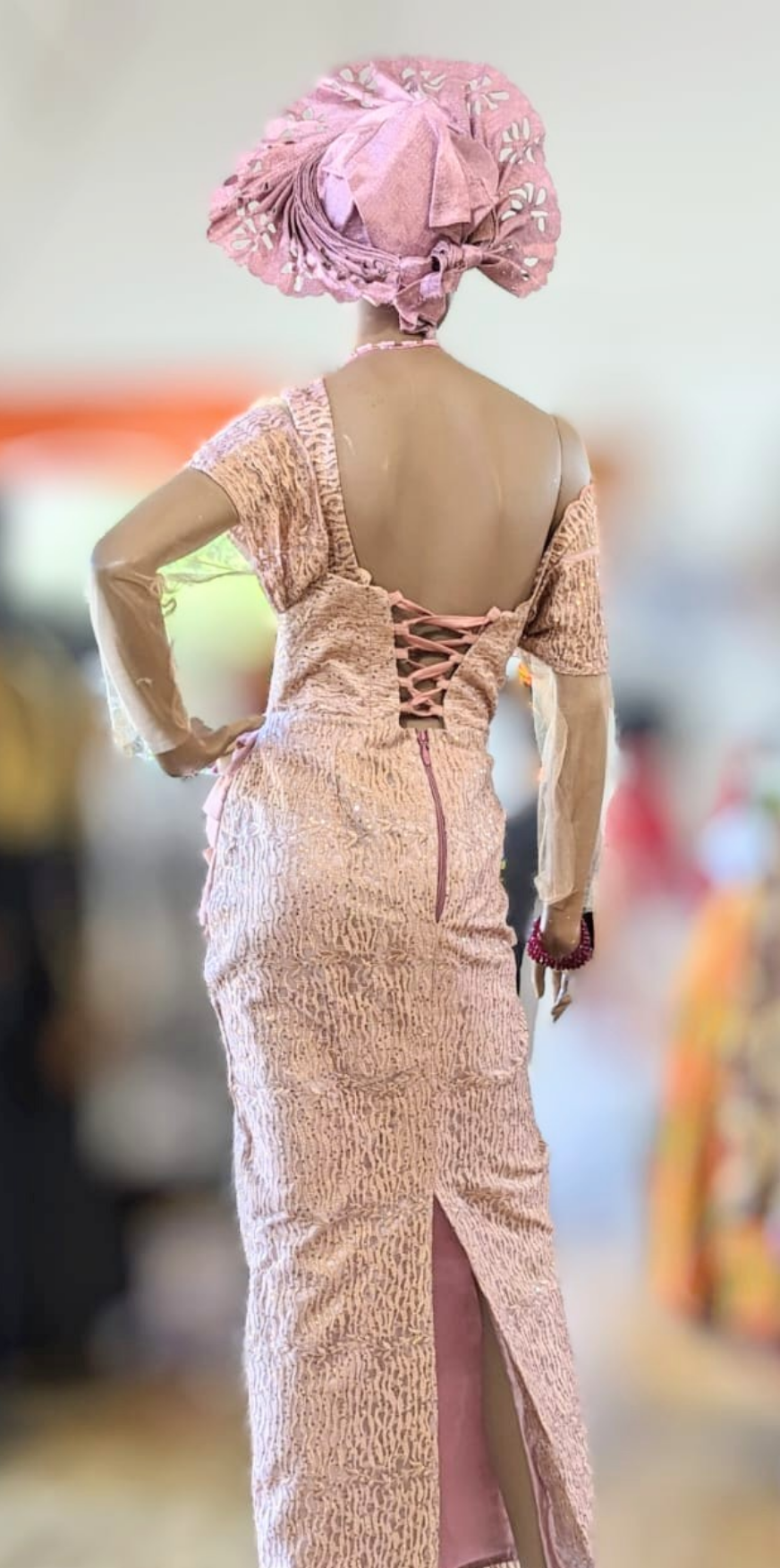 Back view Rose Gold African Lace Dress by Dupsie's African Fashion