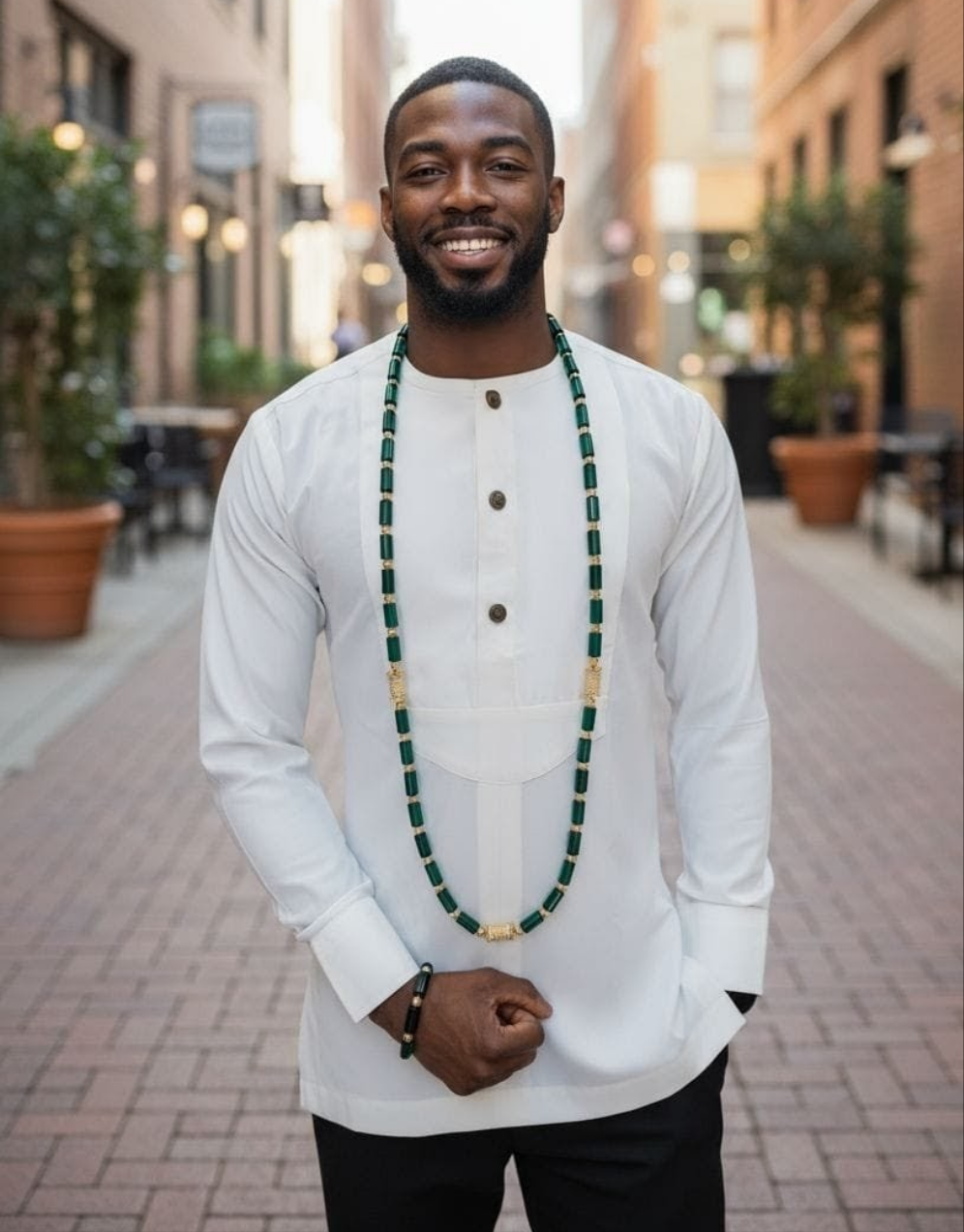 Okanyan Green African Glass Beads Necklace and Bracelet Set with Gold Ornaments - African clothing jewelry by Dupsie's African Fashion