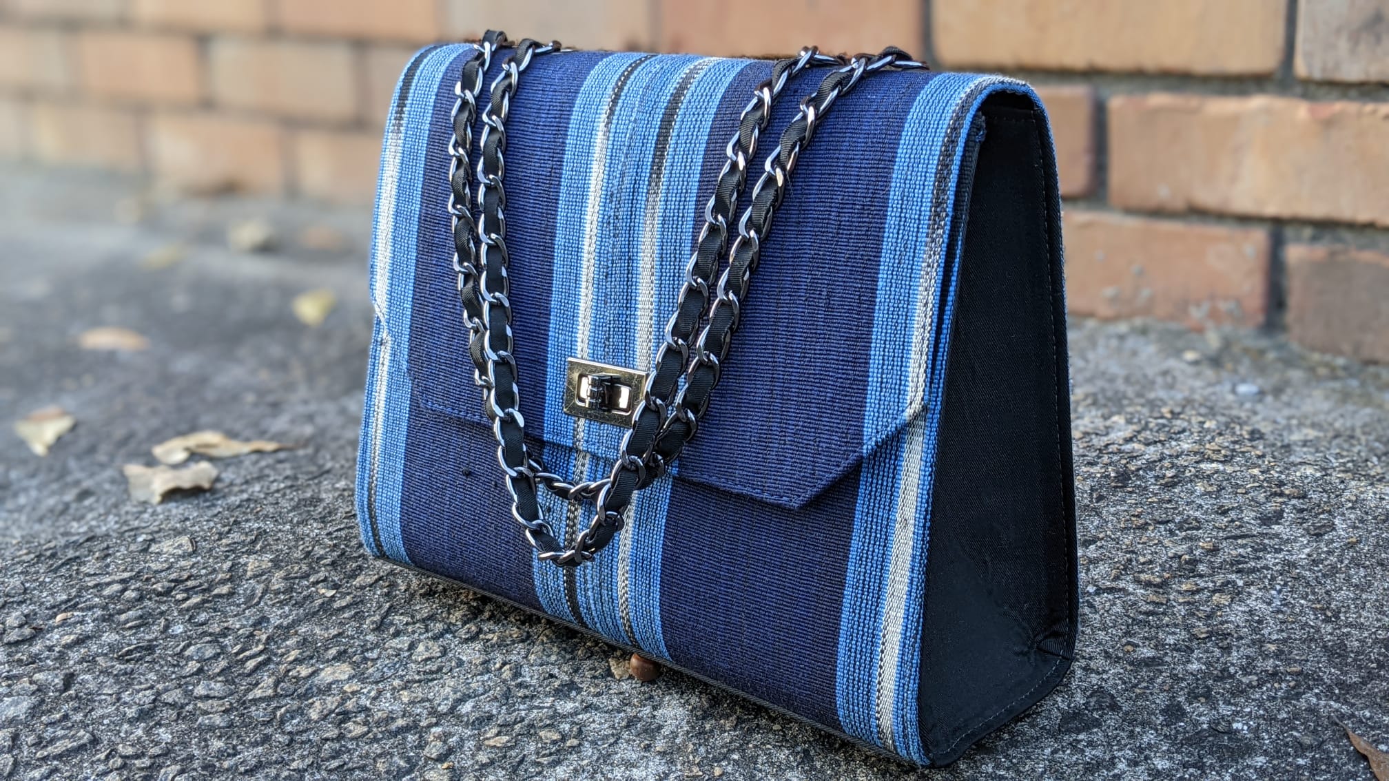 Illori Handmade Blue and Silver Striped African Handwoven Aso Oke Hand Bag-DPAHB23