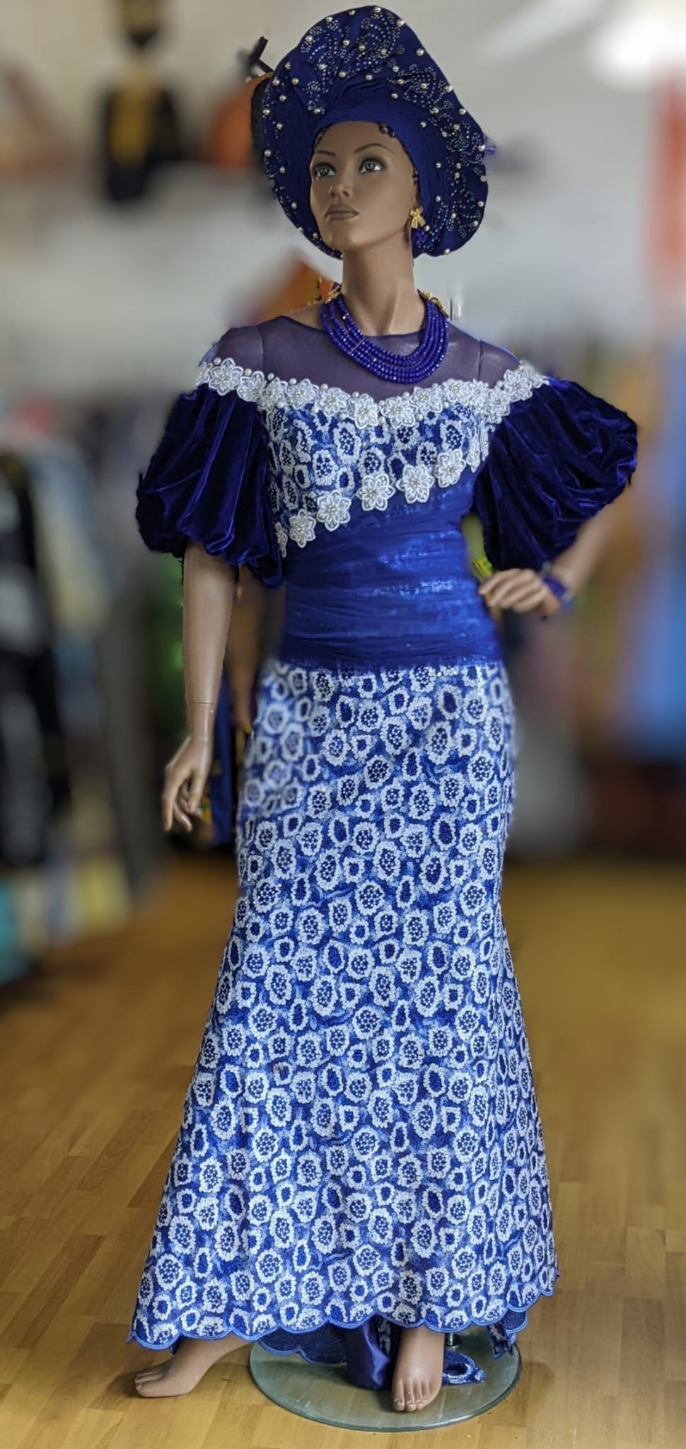 Tori White and Royal Blue lace sequins Dress with Royal-Blue velvet elbow sleeves-DPXBW01