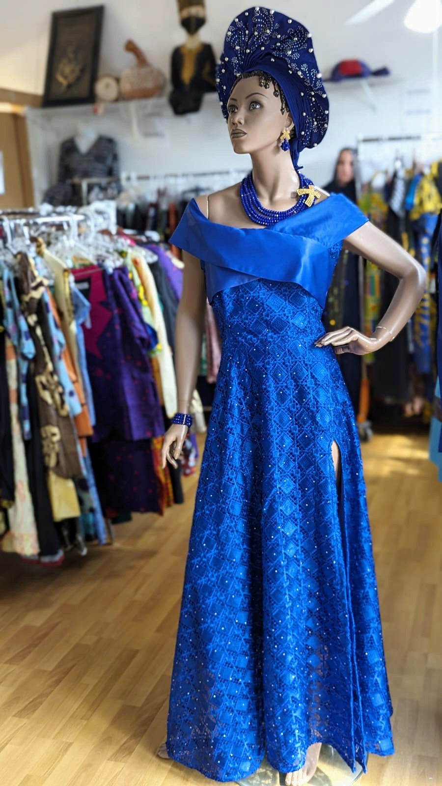 Edna Royal Blue African sequins lace Maxi Dress-DPXBLD22