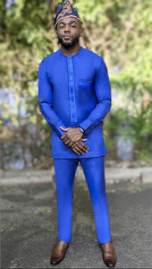 Olumese Royal Blue African Senator Dashiki African Kaftan Top with matching pants-DPASRB31
