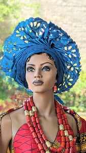 Karra Turquoise-Blue African Aso Oke Head Tie Lazercut Autogele pre-tied head wrap-DPAGTB5