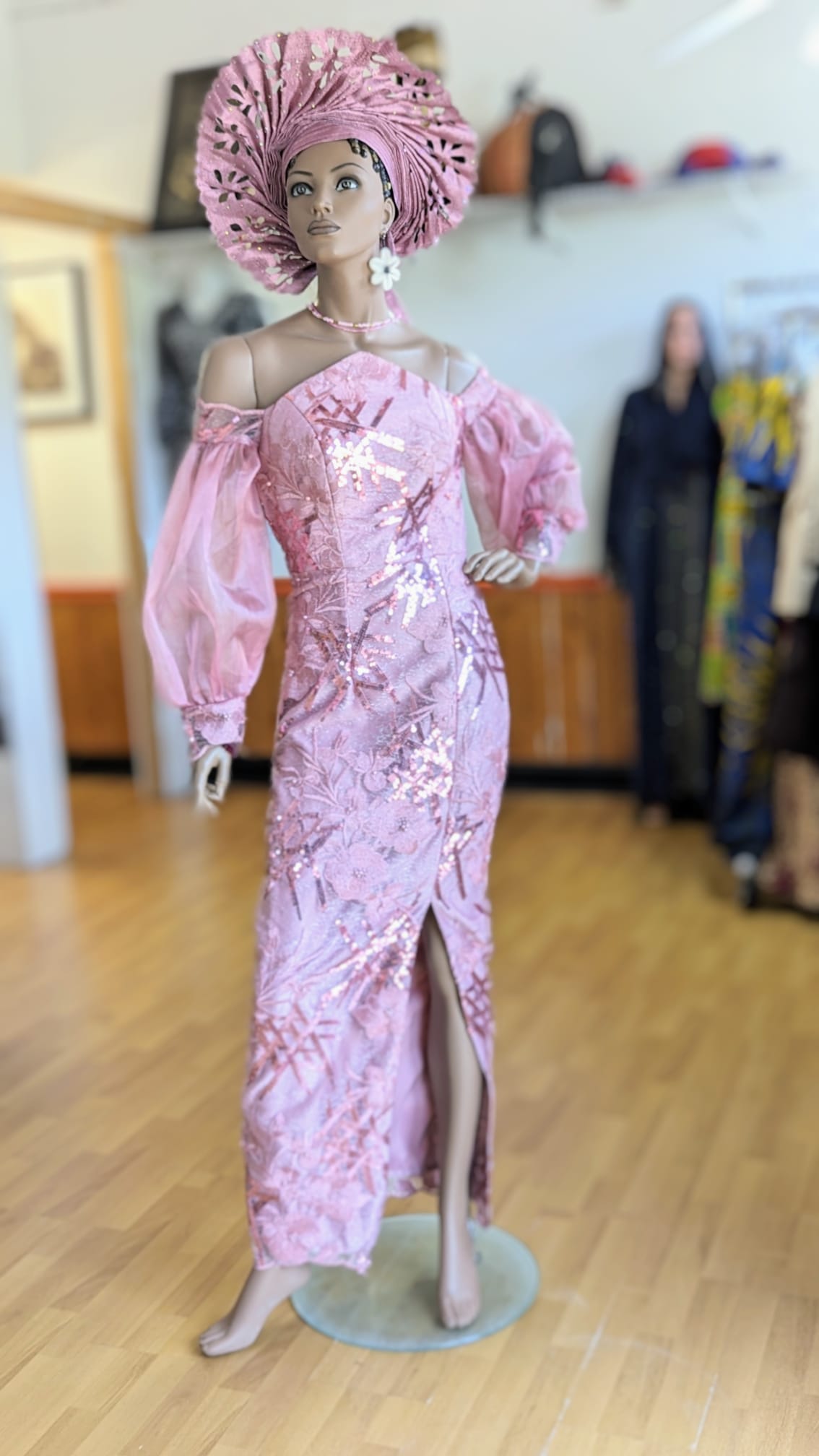 Evaum Light Lilac Muave African Off-Shoulder Lace Sequins Maxi Bustier Dress-DPXLLM4