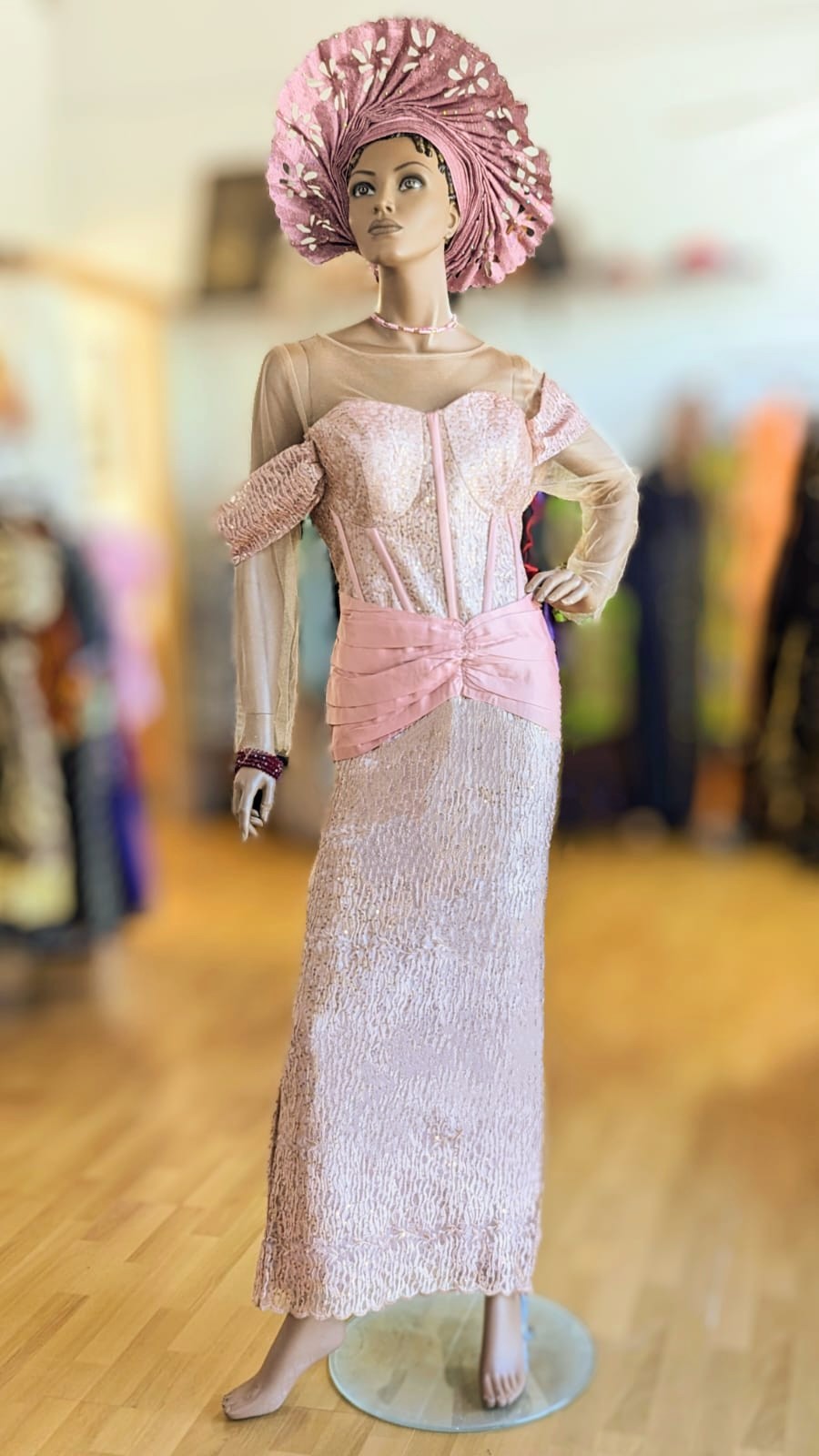 Makaila Rose Gold African Lace Sequins Maxi Bustier Corset Dress-DPXRGALD4