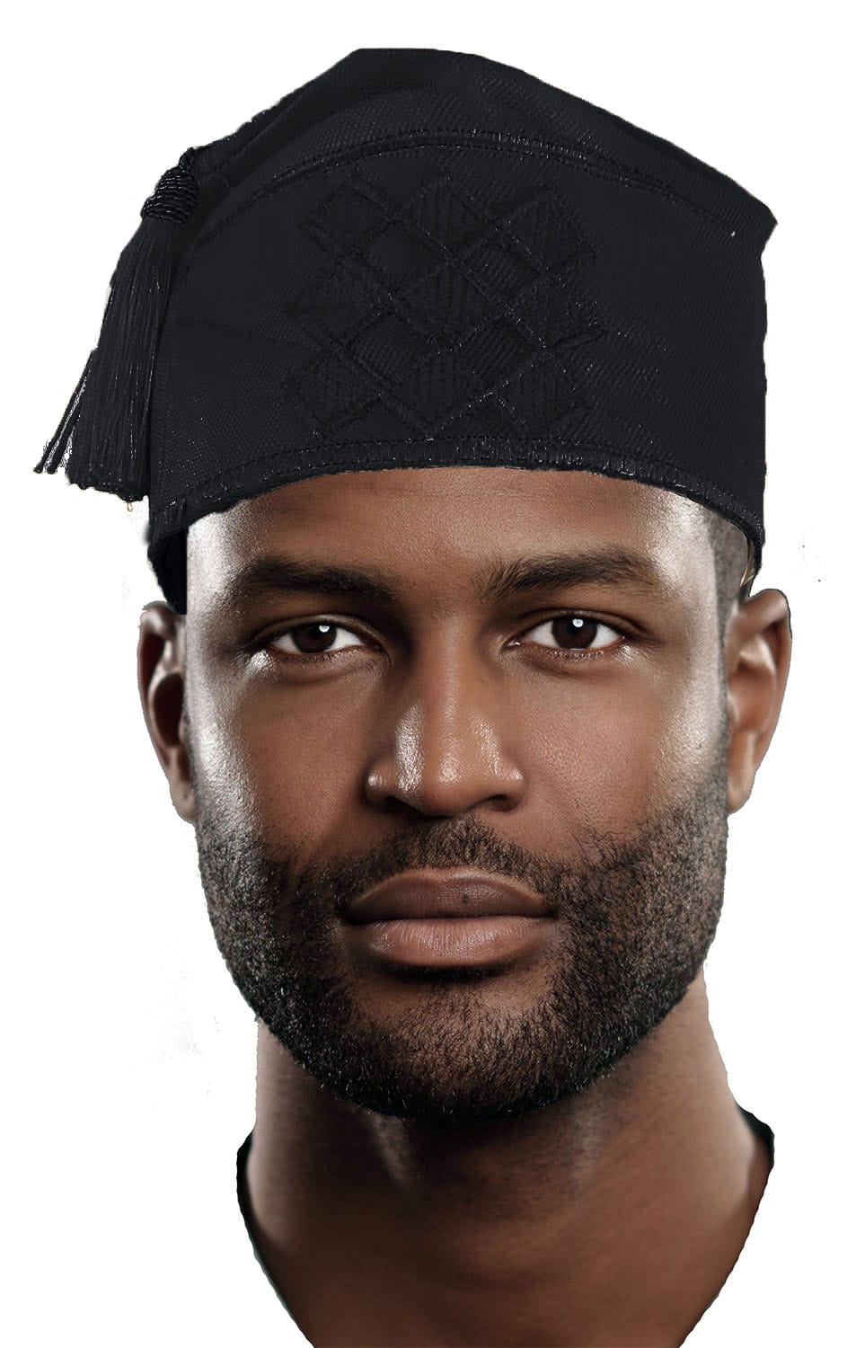 Dupsie's All Black kufi fila embroidered Aso Oke hat with tassels