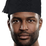 Dupsie's All Black kufi fila embroidered Aso Oke hat with tassels