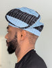 Dupsie's Alabere Light-Blue and Dark-Blue Striped African Aso Oke Fila Cap Kufi Hat DPAHLDB3