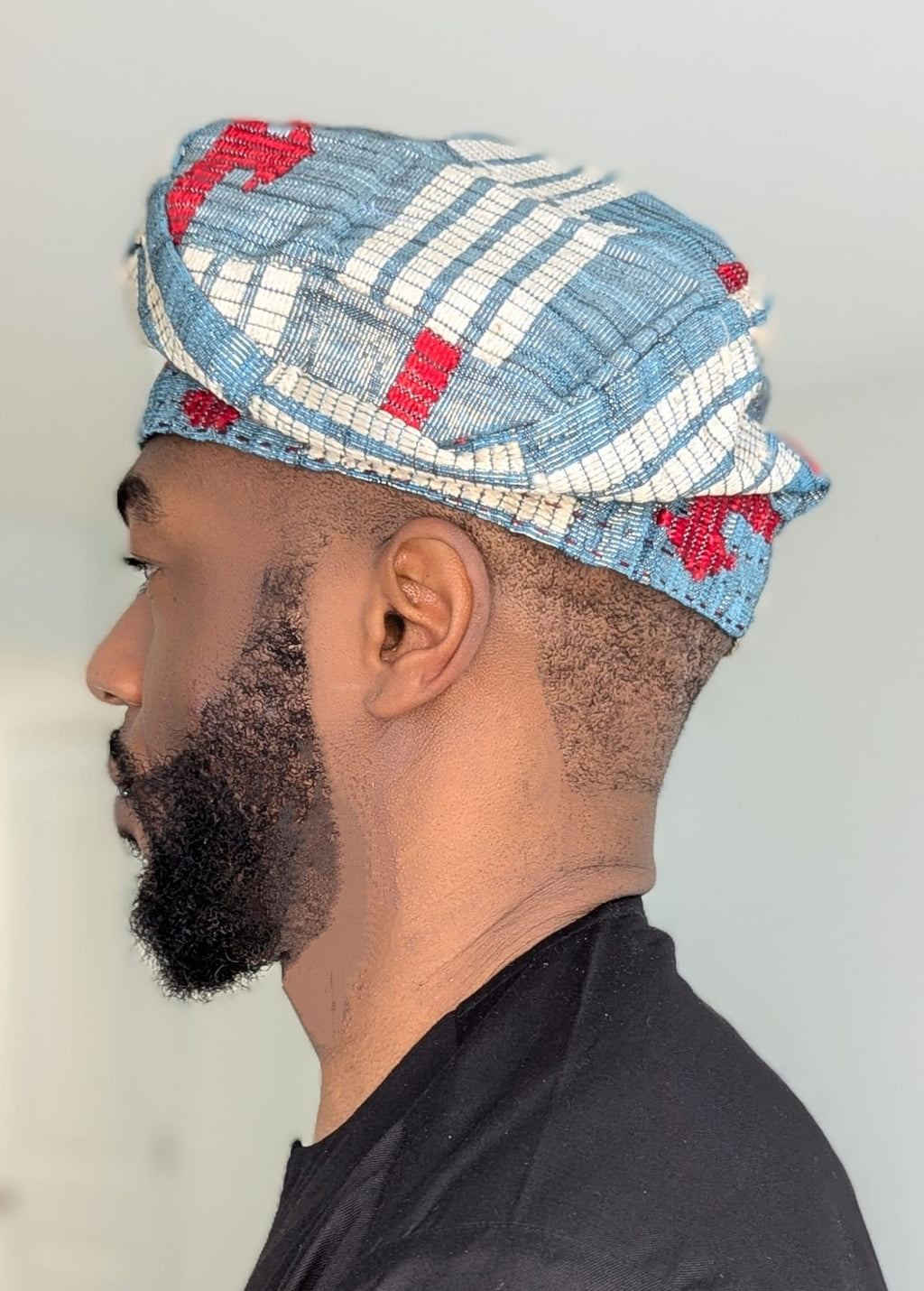 Dupsie's Aṣọ Ayanfe Light Blue with Beige and Red Patterns African Aso Oke Fila Kufi Cap Hat DPAHLBBR1