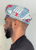 Dupsie's Aṣọ Ayanfe Light Blue with Beige and Red Patterns African Aso Oke Fila Kufi Cap Hat DPAHLBBR1