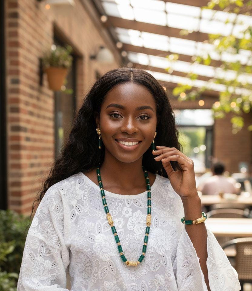 Green African glass beads necklace with gold accents – Handmade African fashion jewelry by Dupsie’s African Fashion for weddings and celebrations.