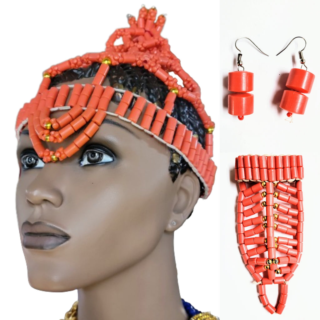 Ogogo Nigerian Igbo Edo Crown, Bracelet-ring and Earrings for Women-DPEJS3