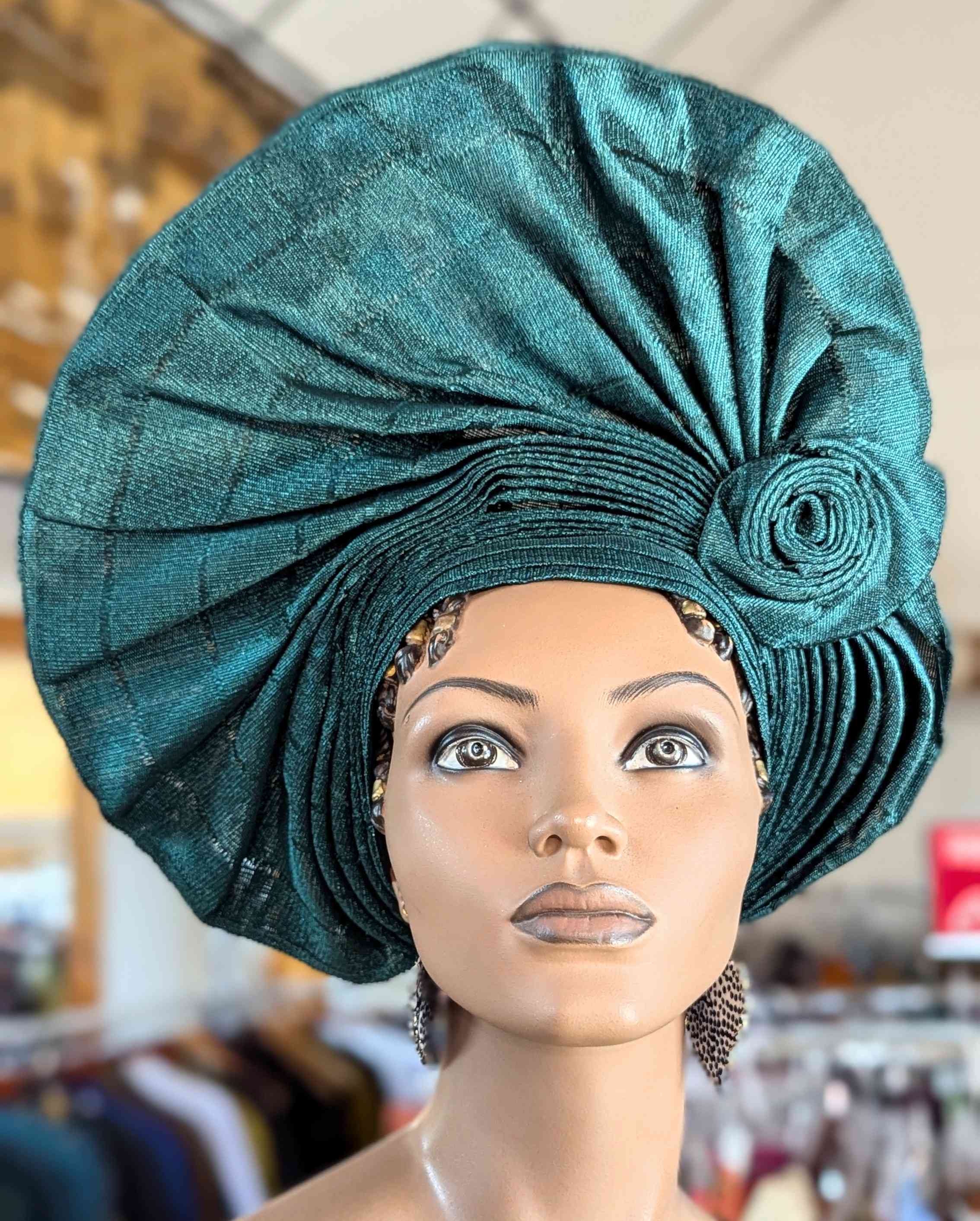 Dupsie's African Adesua Emerald Green Aso Oke Autogele Ready Gele Bow Head wrap hat DPAGEGB21