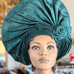 Dupsie's African Adesua Emerald Green Aso Oke Autogele Ready Gele Bow Head wrap hat DPAGEGB21