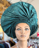 Dupsie's African Adesua Emerald Green Aso Oke Autogele Ready Gele Bow Head wrap hat DPAGEGB21