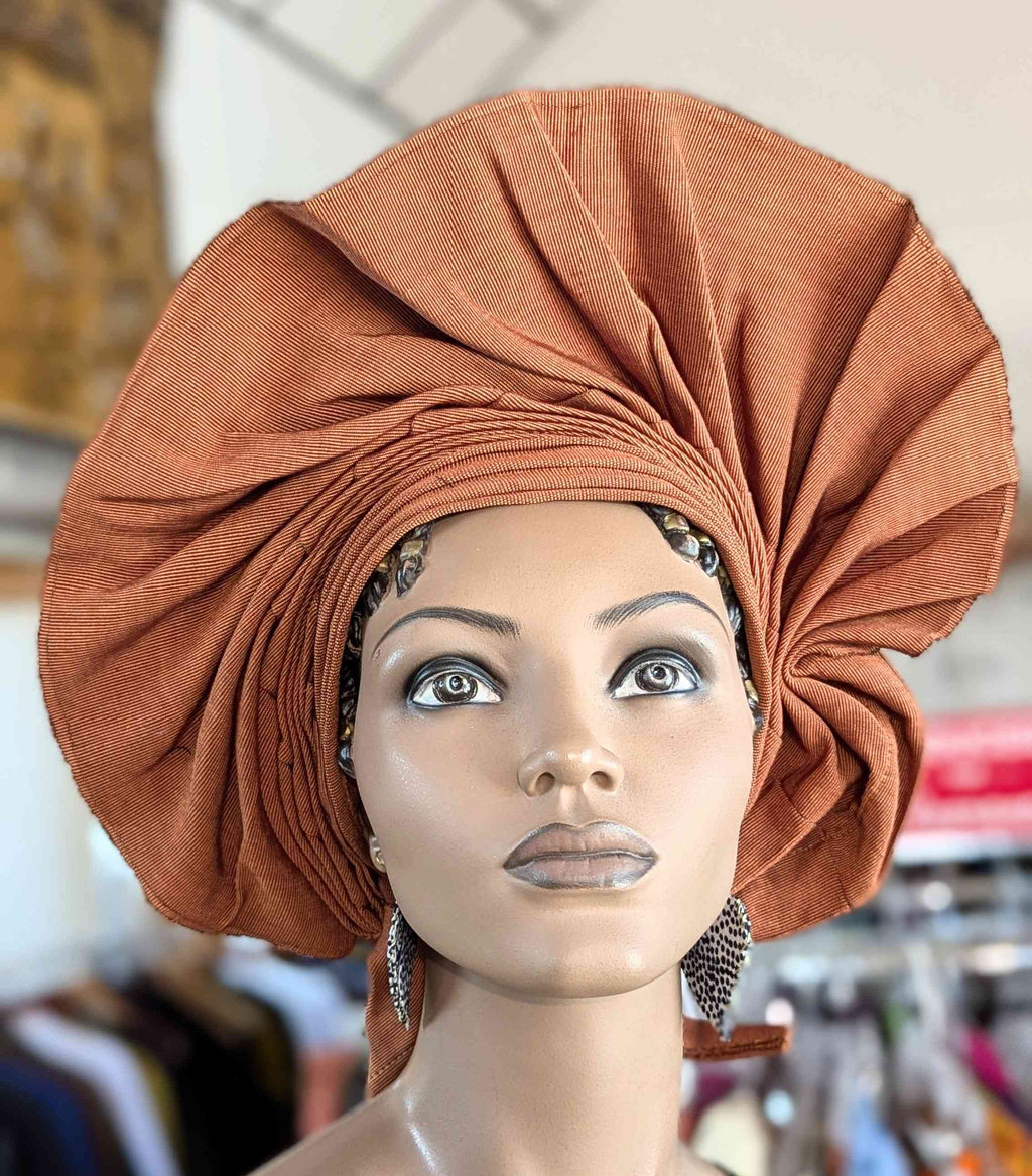 Dupsie's African Adeola Chocolate Brown Aso Oke Autogele Ready Gele Head wrap Hat DPAGAB50