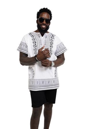 Dupsie's White African Print Unisex Dashiki Shirt Suitable for Festivals, Concerts, Cruises, Outdoor Events -DP3830M