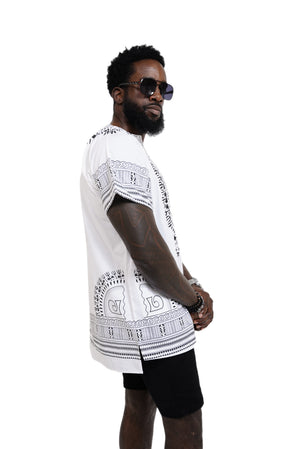 Dupsie's White African Print Unisex Dashiki Shirt Suitable for Festivals, Concerts, Cruises, Outdoor Events -DP3830M