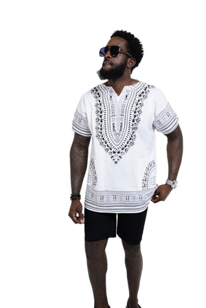 Dupsie's White African Print Unisex Dashiki Shirt Suitable for Festivals, Concerts, Cruises, Outdoor Events -DP3830M