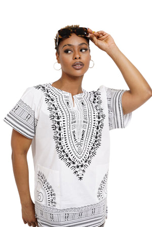 Dupsie's White African Print Unisex Dashiki Shirt Suitable for Festivals, Concerts, Cruises, Outdoor Events -DP3830M