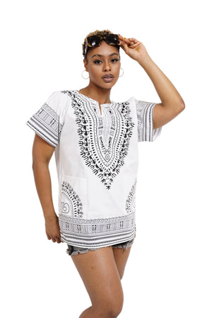 Dupsie's White African Print Unisex Dashiki Shirt Suitable for Festivals, Concerts, Cruises, Outdoor Events -DP3830M