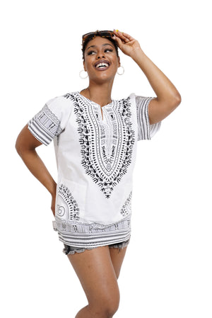 Dupsie's White African Print Unisex Dashiki Shirt Suitable for Festivals, Concerts, Cruises, Outdoor Events -DP3830M