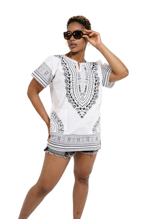 Dupsie's White African Print Unisex Dashiki Shirt Suitable for Festivals, Concerts, Cruises, Outdoor Events -DP3830M